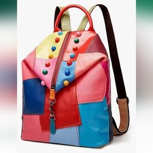 New Multicolor Patchwork backpack with Button Accents Boho Colorful